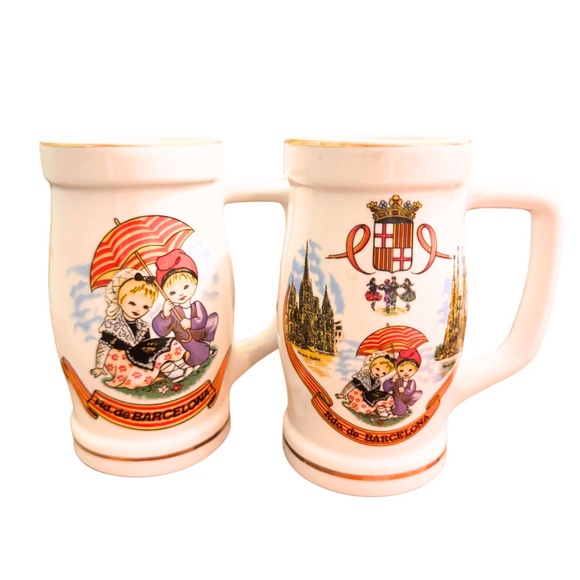 Vintage Pair Barcelona Spain Ceramic Mugs Gold Trim Catalan Flag Collectible - Picture 3 of 3